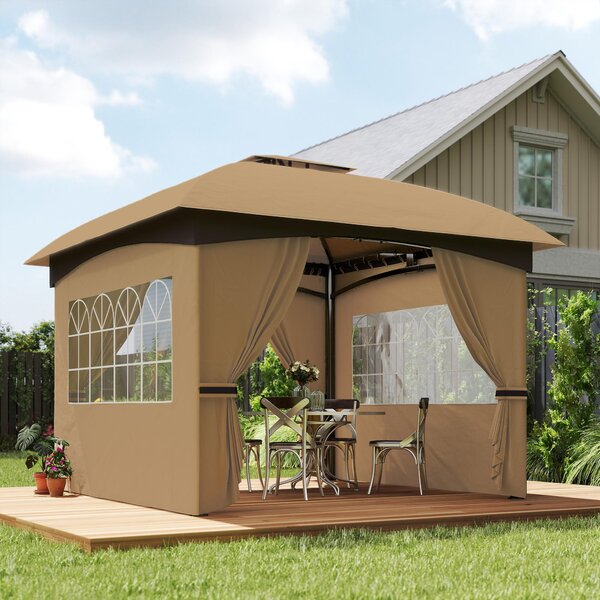 Altana ogrodowa Outsunny ok. 3,4x3,4 m, wodoodporna, 4-stronna, podwójny dach, namiot imprezowy z ochron UV, z ocynkowanym metalowym stelaem, do ogrodu, kolor beowy
