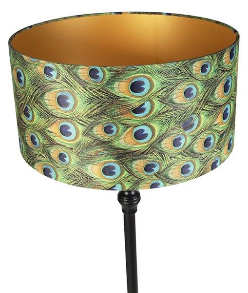 Lampa stojąca czarna z abażurem z aksamitu w kolorze pawiego złota 50 cm - Classico