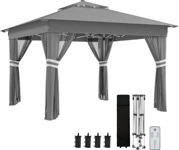 Altana skadana Outsunny ok. 3 x 3 m, z owietleniem LED, 4 firanki, ciana boczna, altana ogrodowa z bukakiem na wod, podwójny dach, torba transportowa, na balkon, taras, ciemnoszara