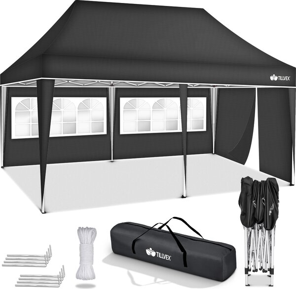 Tillvex altana 3x6m - z 3 panelami bocznymi antracytowa wodoodporna | składana altana pop-up z regulacją wysokości | namiot ogrodowy ochrona UV 50+ | namiot imprezowy z torbą do ogrodu