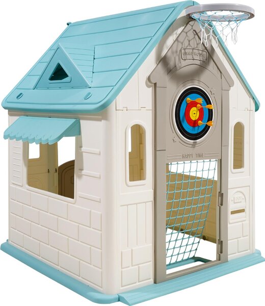 SucceBuy Outdoor Playhouse 5 w 1: domek ogrodowy z miejscem do odgrywania ról, obrcz do koszykówki, tarcz do rzutek, bramk do piki nonej i gr w rzucanie piercieniem. Domek dla dzieci z drzwiami, zjedalni i oknami dla dzieci w wieku od 2 lat