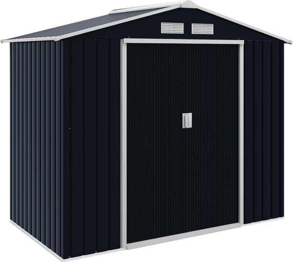 Domek ogrodowy Outsunny 2,42 m², domek ogrodowy ze spadzistym dachem, drzwiami przesuwnymi, fundamentem, 213 x 130 x 185 cm, ocynkowana stalowa szopa narzdziowa, odporna na warunki atmosferyczne, do ogrodu, ciemnoszary