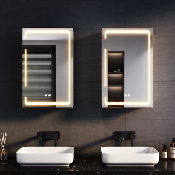 SONNI Metalowa szafka lustrzana z owietleniem LED 38x60x14 cm, ciemnialny przecznik dwudotykowy, 1 drzwi, Bezprzewodowa konstrukcja zawiasów Szafka cienna, Szafka azienkowa, Gniazdo golarki, Regulowane przegrody