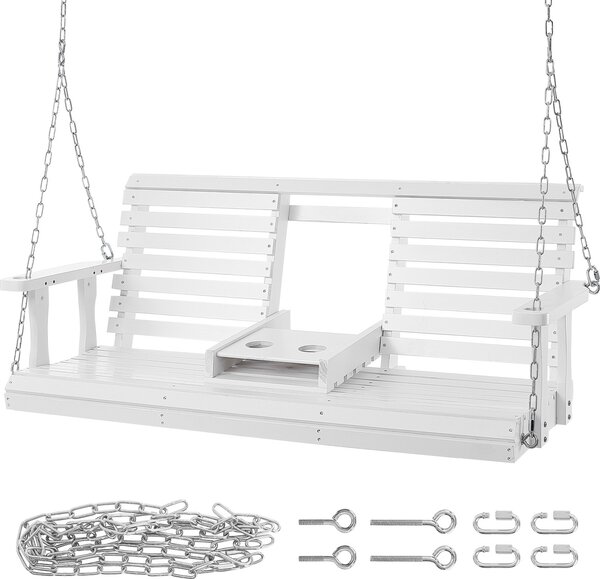 SucceBuy 5 ft drewniana hutawka na werand, solidna hutawka ogrodowa, udwig 400 kg, zewntrzny fotel bujany ze stalowymi acuchami, biay