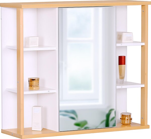 Szafka azienkowa Relaxdays z lustrem, 6 póek, 2 przegródki wewntrzne, wys. x szer. x g.: 64 x 62 x 21 cm, monta nacienny, wiszca szafka azienkowa, biaa/naturalna