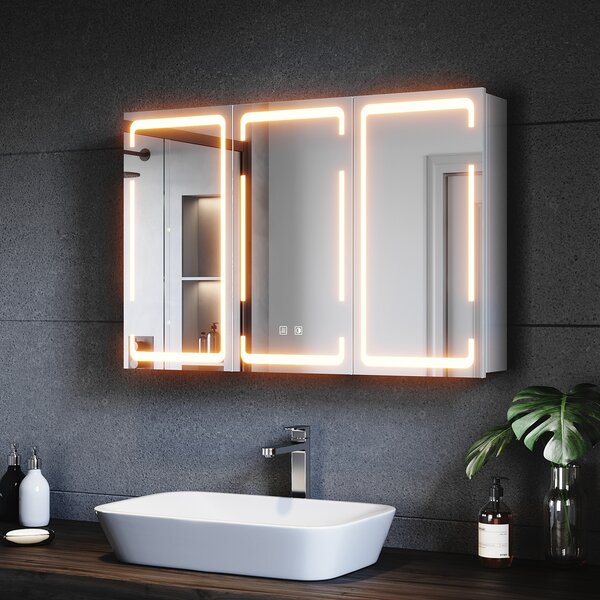 SONNI metalowa szafka lustrzana z 3-kolorowym owietleniem LED 90x60x14 cm, ciemnialny przecznik dwudotykowy, 3 drzwi, szafka cienna z zawiasami bezprzewodowymi