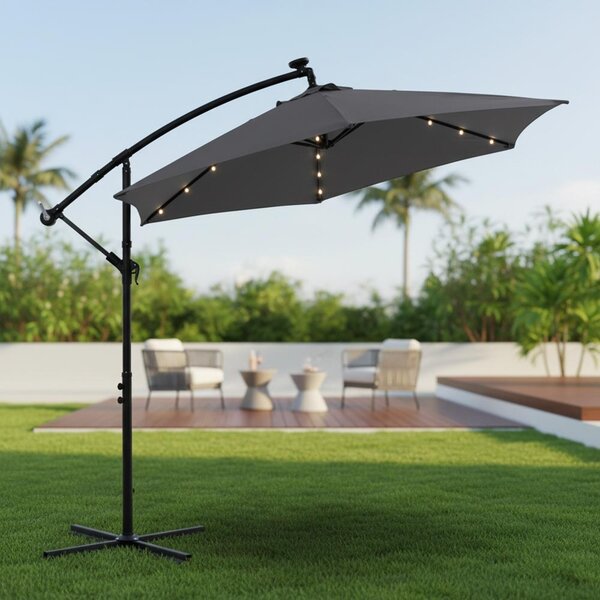 Mucola parasol na korbę parasol wspornikowy parasol ogrodowy parasol plażowy parasol patio parasol przeciwsłoneczny - szary z diodą LED 3,5 m