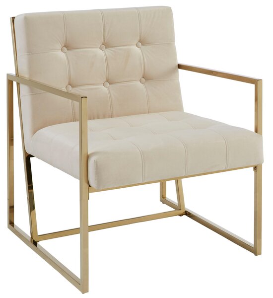 Ekskluzywny, pikowany fotel ze złotą ramą, kremowy