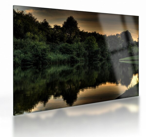 Obraz na szkle - jezioro przy lesie (70x50 cm)