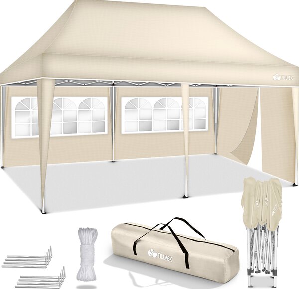 Altana tillvex 3x6m - z 3 cianami bocznymi beowa wodoodporna | skadana altana pop-up z regulacj wysokoci | namiot ogrodowy ochrona UV 50+ | namiot imprezowy z torb do ogrodu