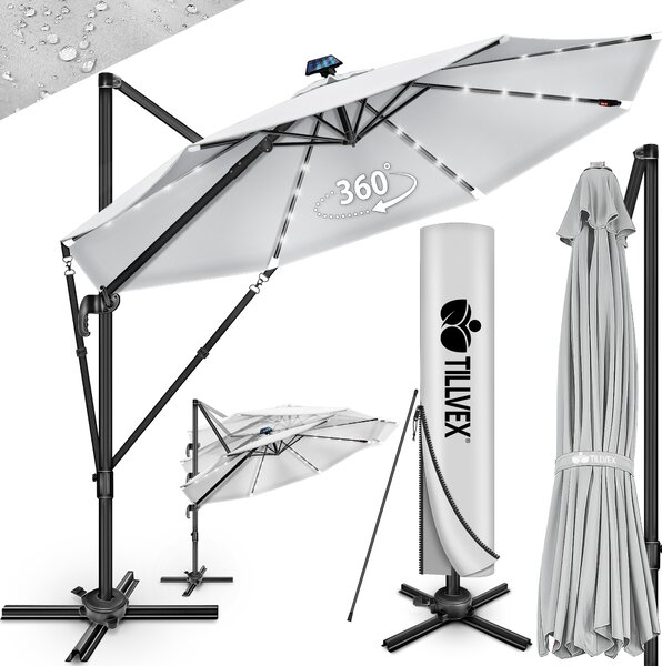 Tillvex® Premium parasol aluminiowy 330 cm szary + pokrowiec i ochrona przed wiatrem | parasol wspornikowy 6-krotny regulowany za pomoc korby | parasol ogrodowy 360° obrotowy przechylany | parasol na korb UV50+ duy wodoodporny