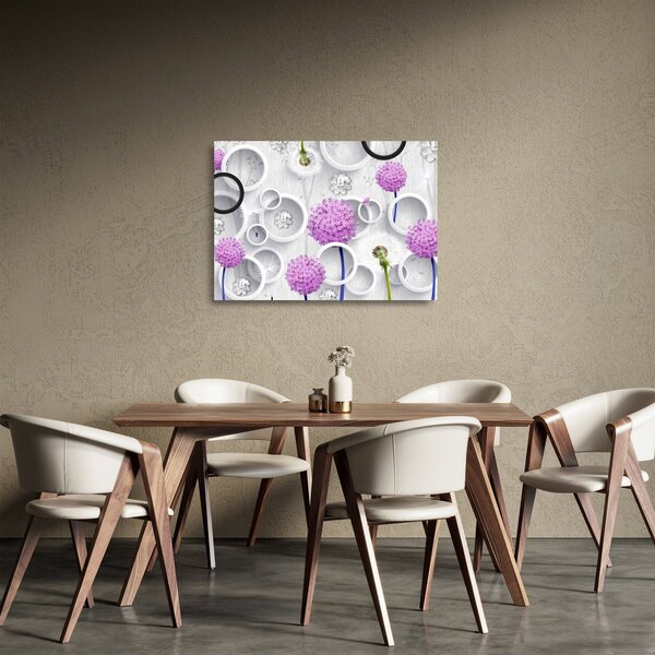 Obraz na szkle - abstrakcja 3D z koła i kwiaty (70x50 cm)