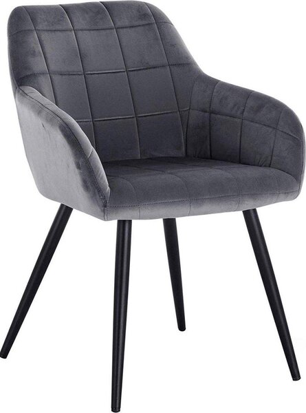 Krzeso do jadalni Happyment Verino – ciemnoszary aksamit – metalowe nogi – pojedyncze krzeso – fotel – z podokietnikami – nowoczesne i luksusowe – wysoko siedziska 47 cm – 1 sztuka