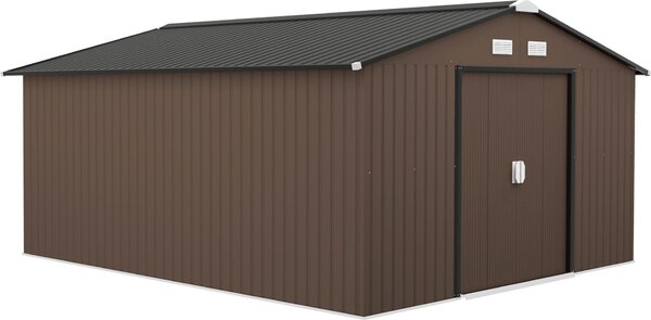 Domek ogrodowy Outsunny 12,4 m², z dachem dwuspadowym, drzwiami przesuwnymi, fundamentem, 386 x 340 x 200 cm, ocynkowany stalowy domek narzdziowy, odporny na warunki atmosferyczne, do ogrodu, brzowy