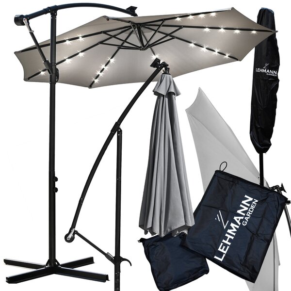Parasol ogrodowy LEHMANN FLASH z lampkami solarnymi, skadany 350 cm rednicy, kolor szary, mozliwo regulacji konta nachylenia, z pokrowcem