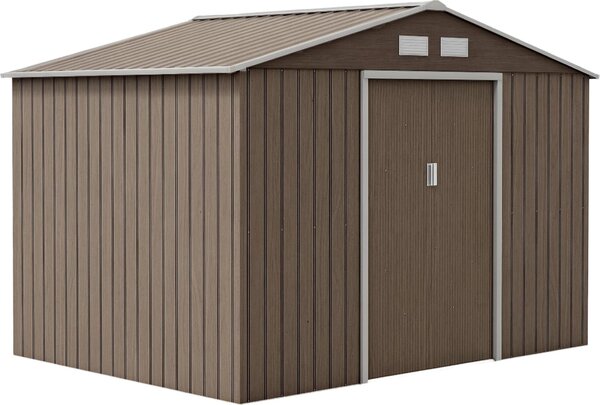 Domek ogrodowy Outsunny 4,9 m², z dachem dwuspadowym, drzwiami przesuwnymi, fundamentem, 277 x 195 x 192 cm, ocynkowany stalowy domek narzdziowy, odporny na warunki atmosferyczne, do ogrodu, brzowy