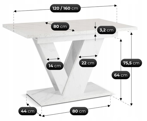 Stół Prostokątny Rozkładany CLARK 120-160 cm Biały Marmur Glamour