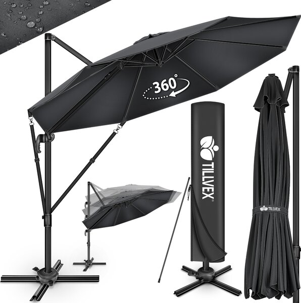 Tillvex® Premium parasol aluminiowy 330 cm antracyt + pokrowiec i ochrona przed wiatrem | parasol wspornikowy 6-krotny regulowany za pomoc korby | parasol ogrodowy 360° obrotowy przechylany | parasol na korb UV50+ duy wodoodporny