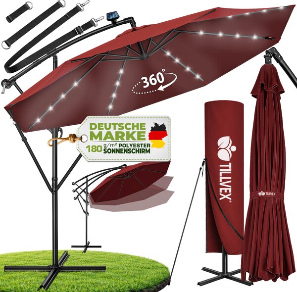 Tillvex aluminiowy parasol wspornikowy czerwony LED solar Ø 300 cm z korb | parasol z wcznikiem/wycznikiem | parasol ogrodowy ochrona UV aluminium | parasol na korb ze stojakiem parasol rynkowy wodoodporny