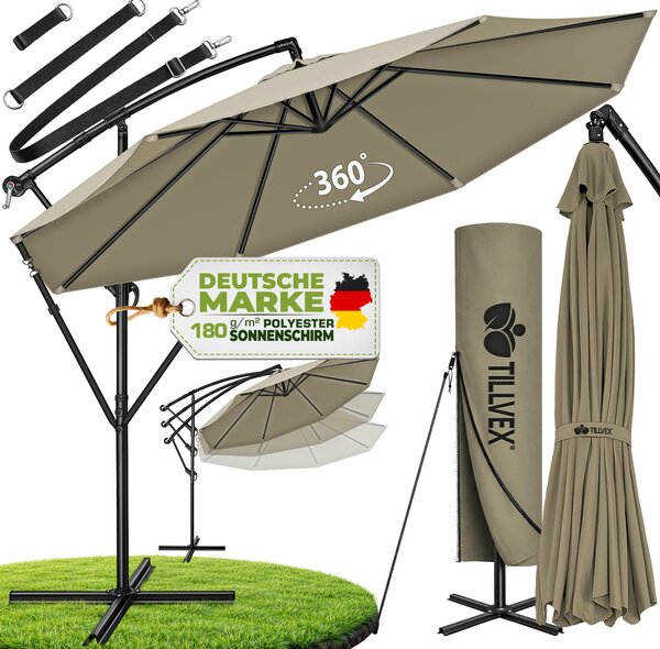 Tillvex parasol brzowy Ø 350 cm parasol wiszcy parasol ogrodowy parasol market korba balkon aluminiowy uchylny brzowy - Ø350cm