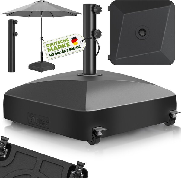 Tillvex® Podstawa parasola GRAVIA z kókami i hamulcami, czarna | Podstawa parasola z moliwoci napenienia 37 litrów / 56 kg | Waga parasola i parasola ogrodowego Ø 1,8-3,7 m | Podstawa parasola wiszcego odporna na warunki atmosferyczne