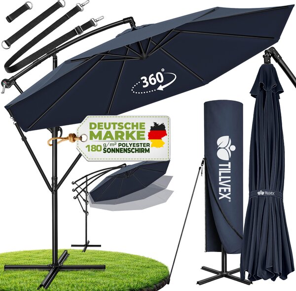 Tillvex parasol granatowy Ø 300 cm parasol wiszcy parasol ogrodowy parasol market parasol na korb balkon aluminiowy uchylny