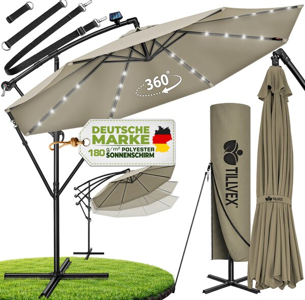 Tillvex aluminiowy parasol wspornikowy brzowy LED solar Ø 300 cm z korb | parasol z wcznikiem/wycznikiem | parasol ogrodowy ochrona UV aluminium | parasol na korb ze stojakiem parasol rynkowy wodoodporny