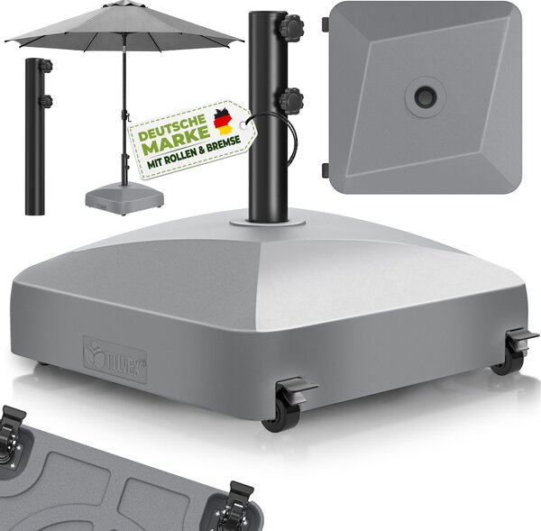 Tillvex® Podstawa parasola GRAVIA z kółkami i hamulcami, kolor szary | Podstawa parasola z możliwością napełnienia 37 litrów / 56 kg | Waga parasola i parasola ogrodowego Ø 1,8-3,7 m | Podstawa parasola wiszącego odporna na warunki atmosferyczne