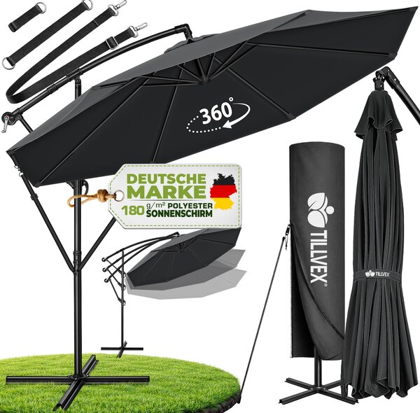 Tillvex parasol antracyt Ø 300 cm parasol wiszcy parasol ogrodowy parasol market korba balkon aluminiowy uchylny