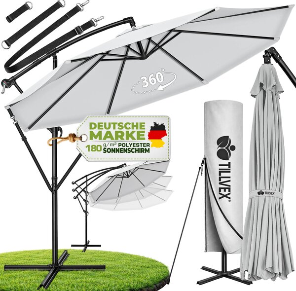 Tillvex parasol szary Ø 300 cm parasol wiszcy parasol ogrodowy parasol market korba balkon aluminiowy uchylny