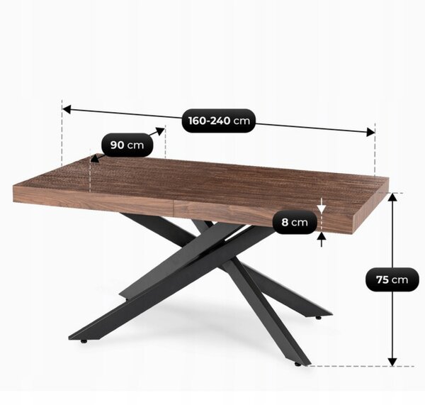 Stół Prostokątny Rozkładany HAMPTON 160-240 cm Orzech/Czarny do Jadalni Nowoczesny Loft