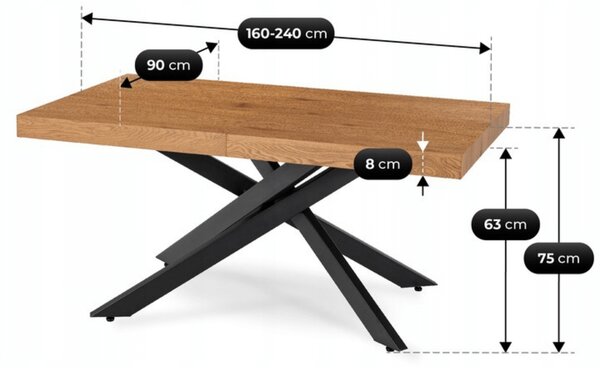 Stół Prostokątny Rozkładany HAMPTON 160-240 cm Dąb/Czarny do Jadalni Nowoczesny Loft