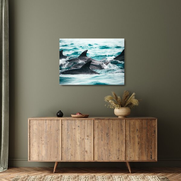 Obraz na szkle - Delfiny w oceanie (70x50 cm)