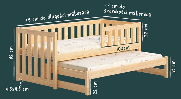 Podwójne łóżko wysuwane LINEA z wysokimi barierkami