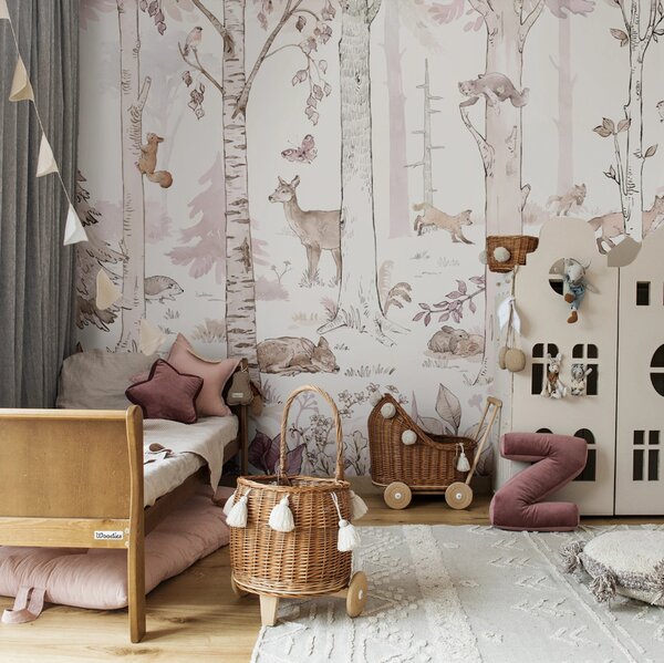 Tapeta HELLO RABBIT - white- tapeta ze zwierzątkami i lasem do pokoju dziecięcego