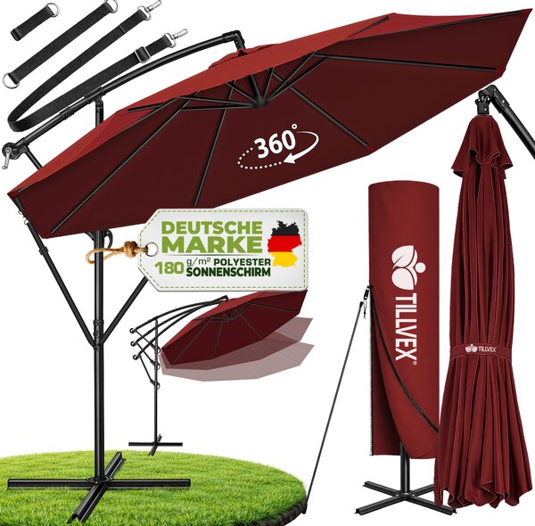Tillvex parasol czerwony Ø 300 cm parasol wiszcy parasol ogrodowy parasol market korba balkon aluminiowy uchylny