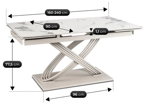 Stół Rozkładany Prostokątny IBIZA 160-240 cm Ceramiczny Biały Marmur/Kaszmir Japandi