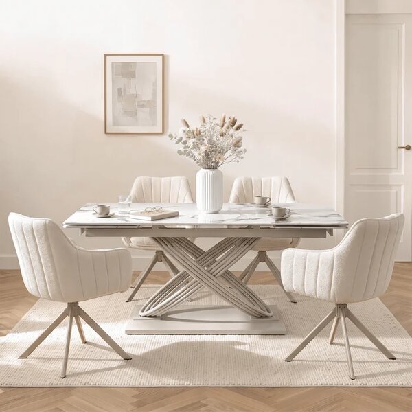 Stół Rozkładany Prostokątny IBIZA 160-240 cm Ceramiczny Biały Marmur/Kaszmir Japandi