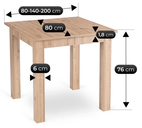 Stół Kwadratowy Rozkładany BEN 80-200 cm Dąb Artisan Skandynawski