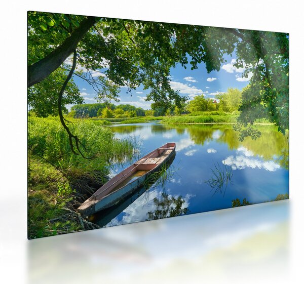 Obraz na szkle letniej rzeki z łodzią (70x50 cm)