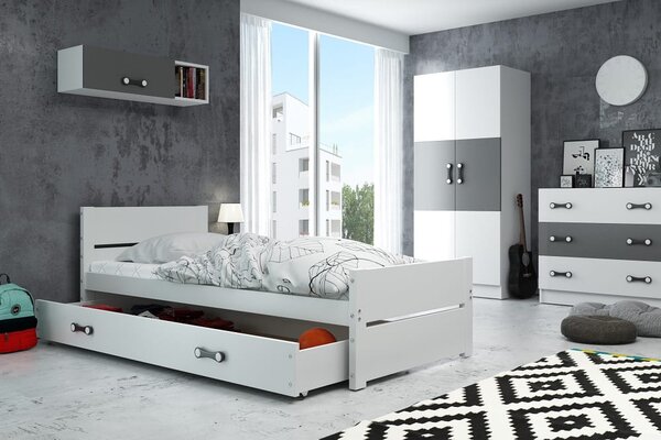 Łóżko młodzieżowe BARTEK 90x200 białe z wysuwaną szufladą i materacem
