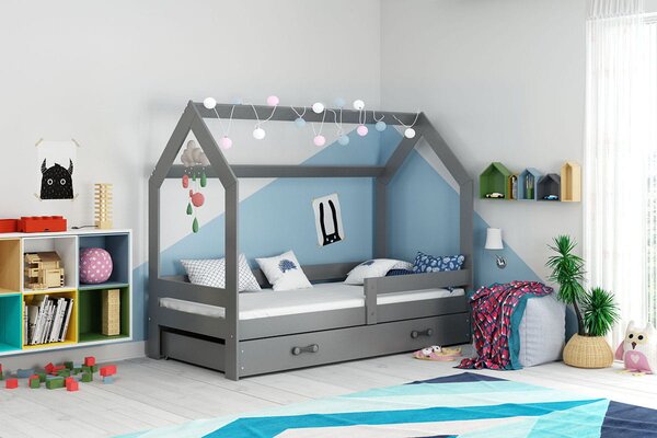Łóżko DOMEK grafitowy dla dzieci 80x160 parterowe z materacem i szufladą