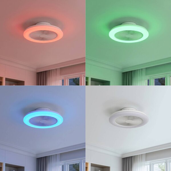Wentylator sufitowy LED Lindby Vedin, biały, DC, Ø 45 cm, RGBW Vedin Lindby, możliwość ściemniania, biały / opal, salon / jadalnia, tworzywo sztuczne, nowoczesny