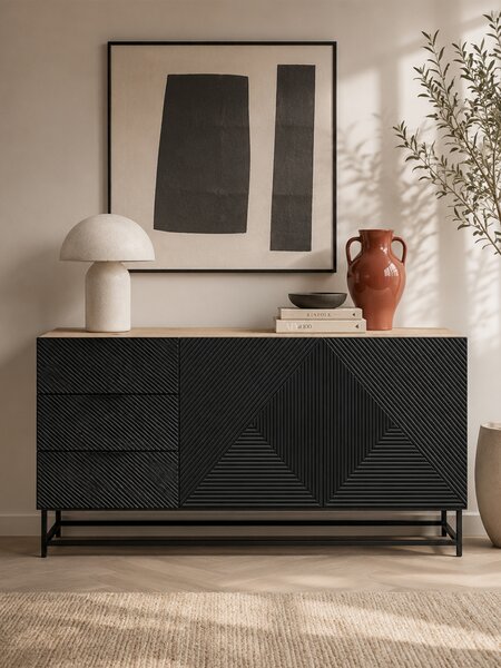 Komoda Asha 167 cm dwudrzwiowa z szufladami - artisan / czarny mat / czarny stelaż