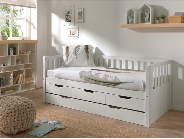 Białe łóżko dziecięce z litego drewna sosnowego z wysuwanym łóżkiem, schowkiem i stelażem 90x200 cm Fritz – Vipack