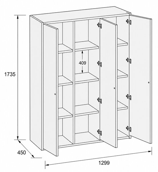 Szafka biurowa FRAME, 3x drzwi, 1299 x 450 x 1735 mm, PUSH-lock, dąb naturalny