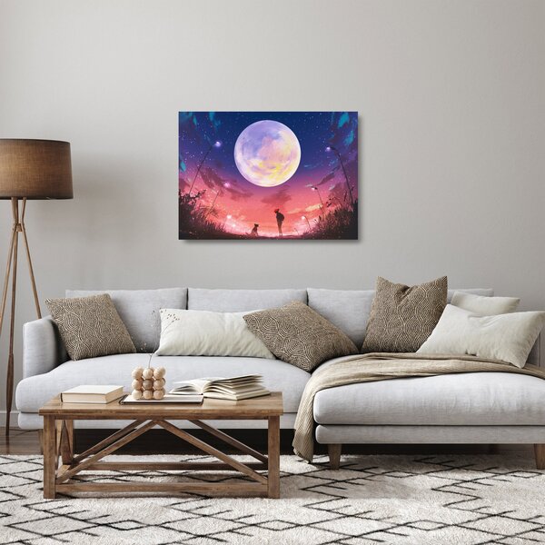 Obraz na szkle - Kobieta i pies w pełni księżyca (70x50 cm)