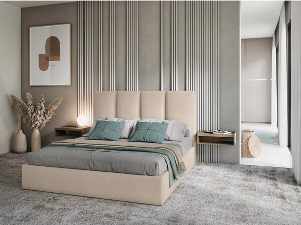 Beżowe tapicerowane łóżko dwuosobowe ze schowkiem ze stelażem 160x200 cm Juniper – Mazzini Beds