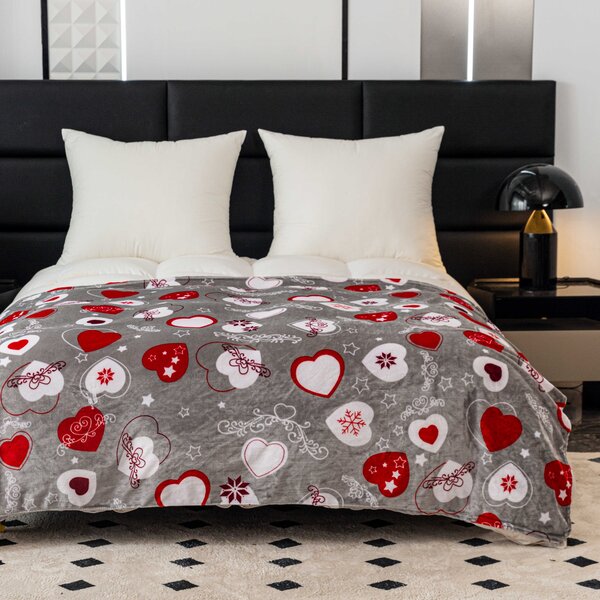 Świąteczny koc z mikropluszuy CHRISTMAS HEART szary Rozmiar: 150 x 200 cm