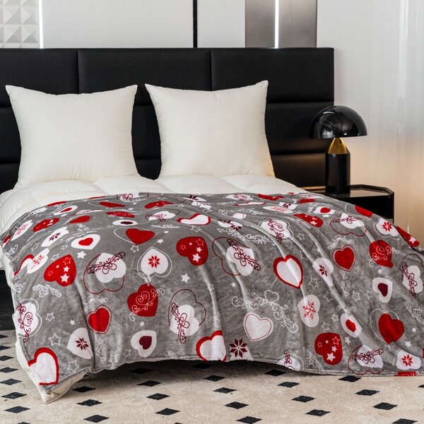 Świąteczny koc z mikropluszuy CHRISTMAS HEART szary Rozmiar: 150 x 200 cm